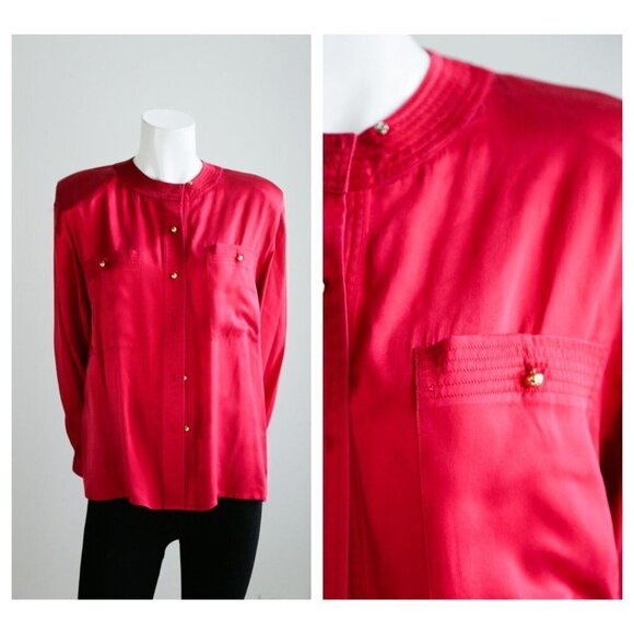 Vintage Anneés Lauder Raspberry Red Silk Button Down Blouse XL - Picture 1 of 8